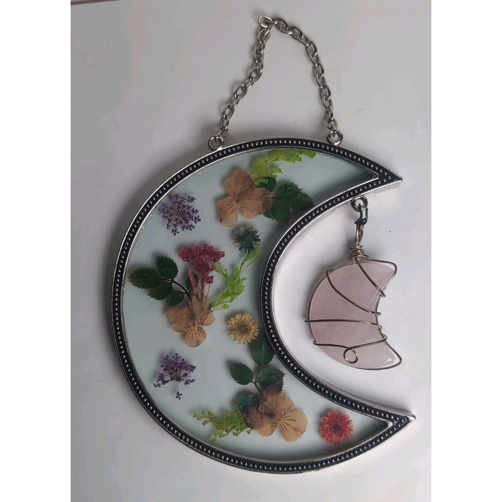 Vintage Dried Pressed Flowers Glass Metal half Moon Frame Hanging W/Rose Quartz - Picture 13 of 13
